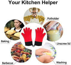 Long Thick Silicone Gloves Heat-resistant Non-slip Microwave Oven Mitts Kitchen BBQ Baking Cooking Canvas Stitching  Oven Gloves